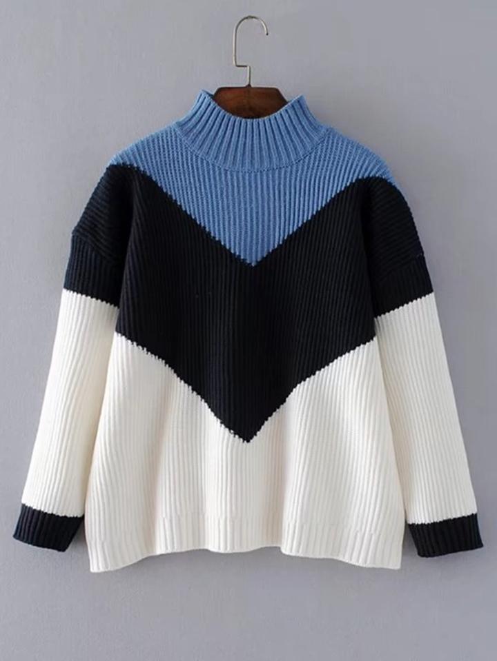 Shein Chevron Block Ribbed Knit Sweater
