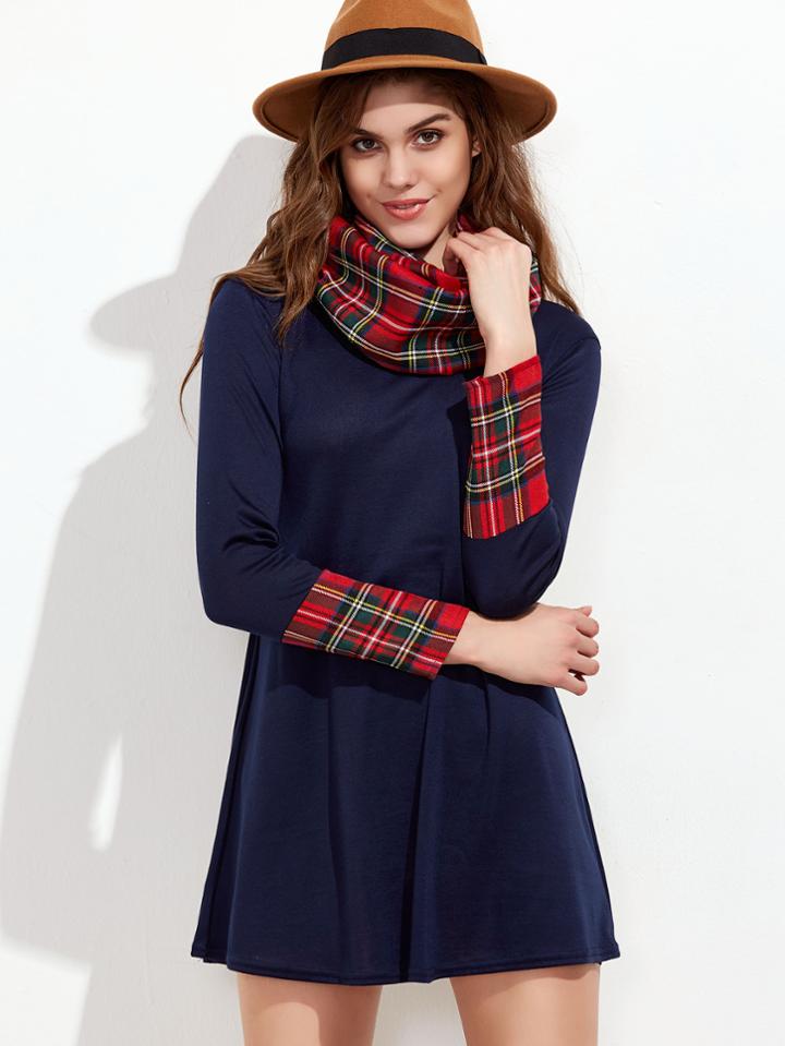 Shein Navy Contrast Plaid Cuff Tee Dress With Scarf