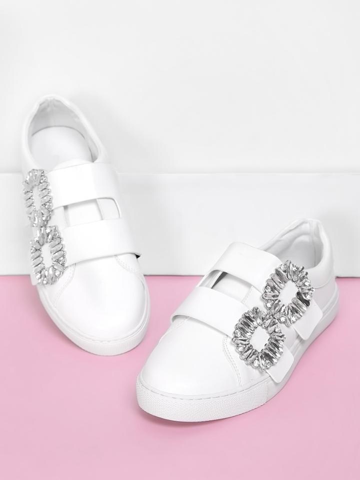 Shein Double Rhinestone Buckle Design Pu Sneakers