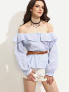 Shein Blue Ruffle Striped Off The Shoulder Long Sleeve Blouse