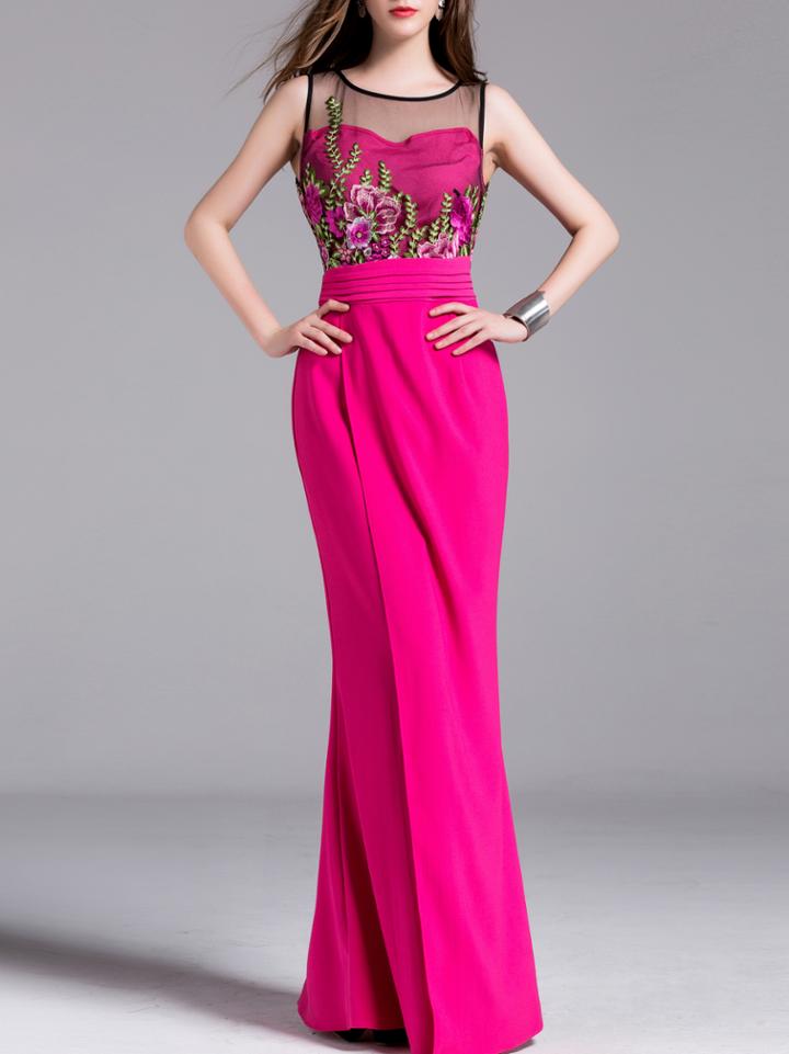 Shein Hot Pink Gauze Embroidered Maxi Dress