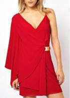 Rosewe Catching One Sleeve V Neck Solid Red Dress