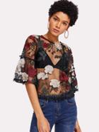 Shein Frilled Sleeve Embroidered Mesh Top