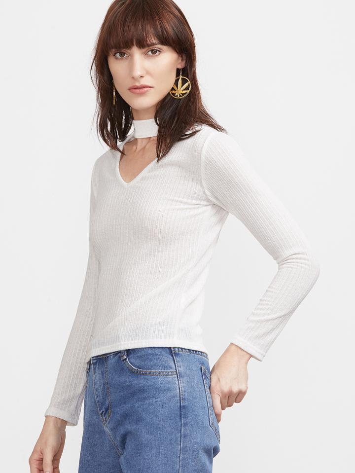 Shein White Ribbed Choker V Neck Sweater