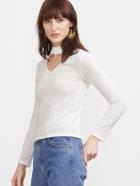 Shein White Ribbed Choker V Neck Sweater