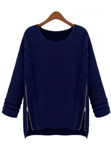 Rosewe Fabulous Long Sleeve Round Neck Navy Sweaters With Zipper