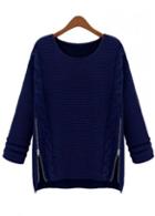Rosewe Fabulous Long Sleeve Round Neck Navy Sweaters With Zipper