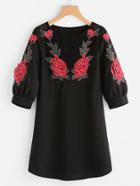Shein Crochet Yoke 3d Rose Applique Puff Sleeve Dress