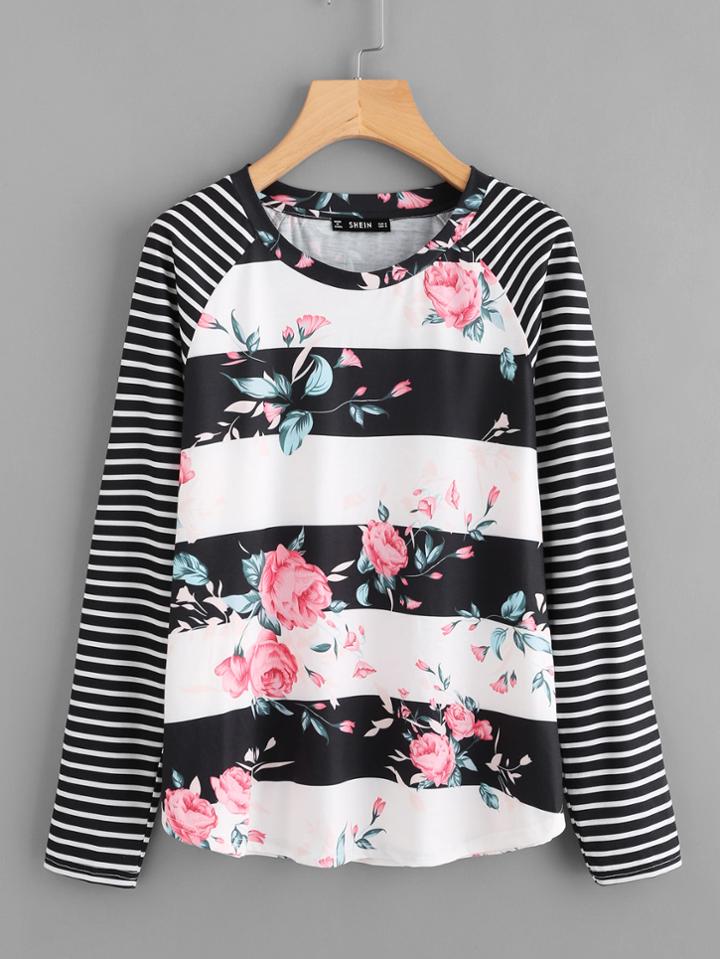 Shein Raglan Sleeve Mixed Print Top