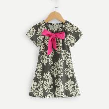 Shein Girls Bow Tie Detail Printed Dress