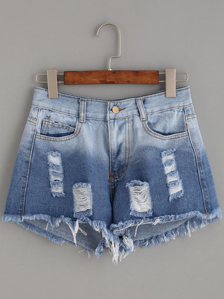 Shein Blue Ombre Ripped Frayed Denim Shorts