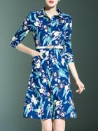 Shein Blue Lapel Flowers Print Belted Pockets Dress