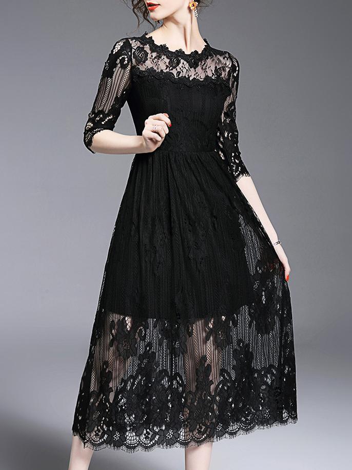 Shein Black Sheer Lace Long Sexy Dress