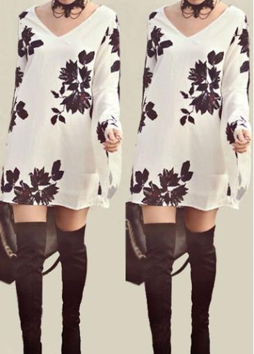 Rosewe Flower Print Flare Sleeve White Dress