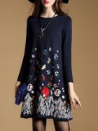 Shein Navy Flowers Embroidered Shift Dress