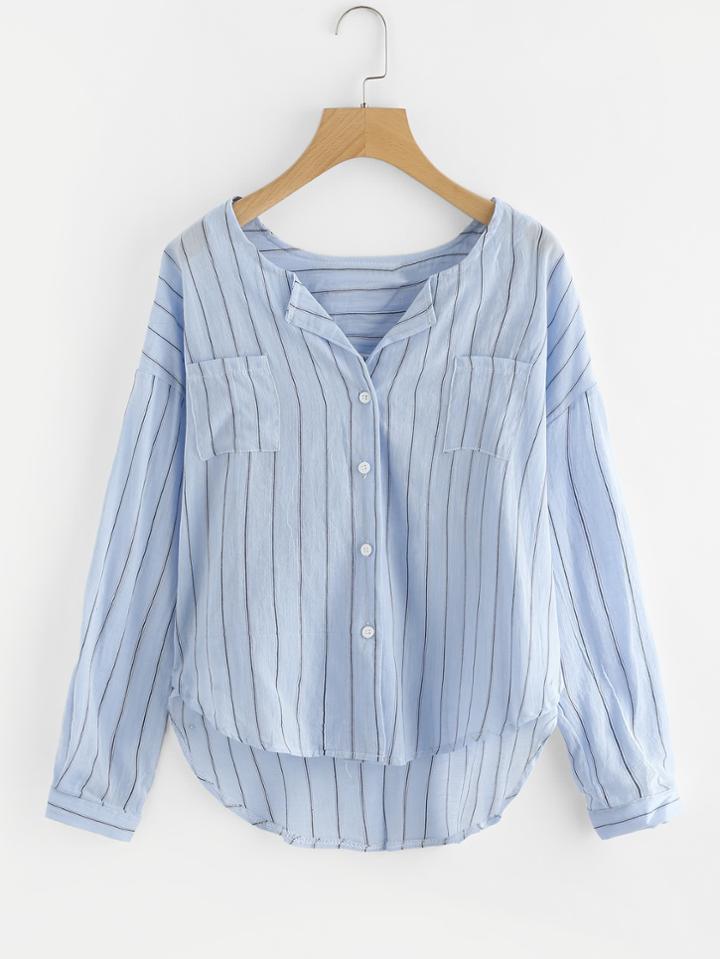 Shein Pinstripe Dropped Shoulder Dip Hem Blouse