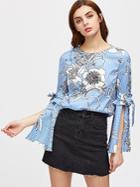 Shein Flower And Stripe Print Belted Split Bell Sleeve Top