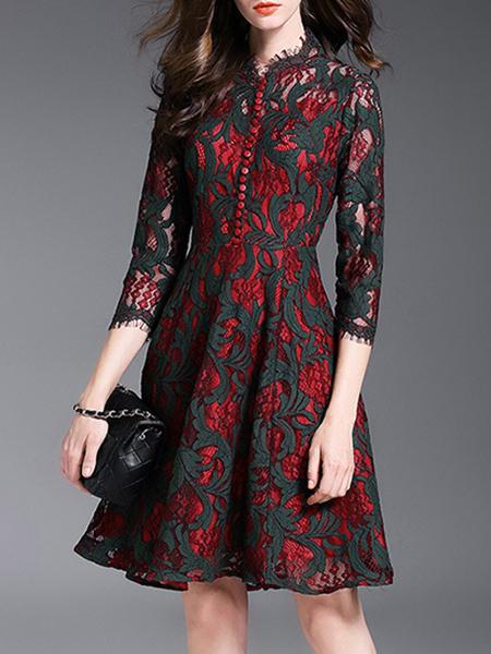 Shein Burgundy Color Block Embroidered Lace Dress