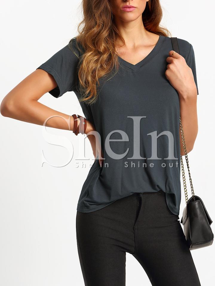 Shein Dark Grey V Neck Short Sleeve Casual T-shirt
