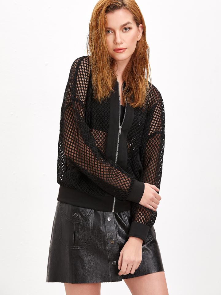 Shein Black Ribbed Trim Zip Up Eyelet Mesh Bomber Jacket