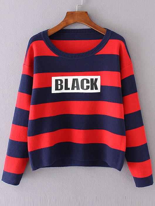 Shein Red Striped Letter Print Drop Shoulder Sweater