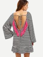 Shein Black Striped Fringe Trim Tie Back Long Sleeve Dress
