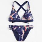 Shein Flower & Crane Bird Print Strappy Bikini Set