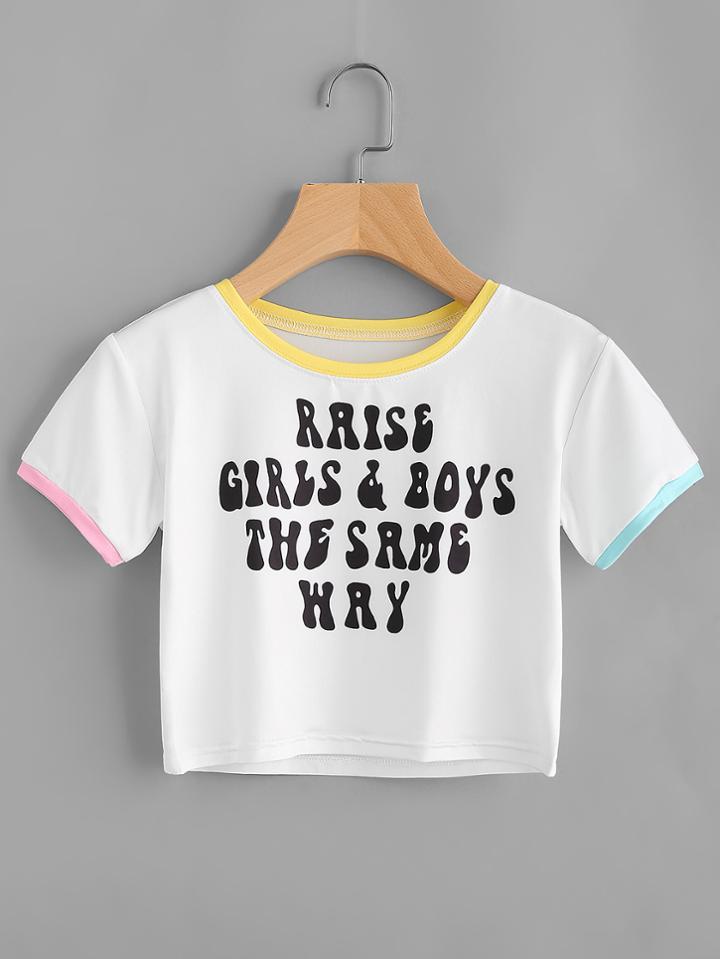 Shein Slogan Print Contrast Trim Tee