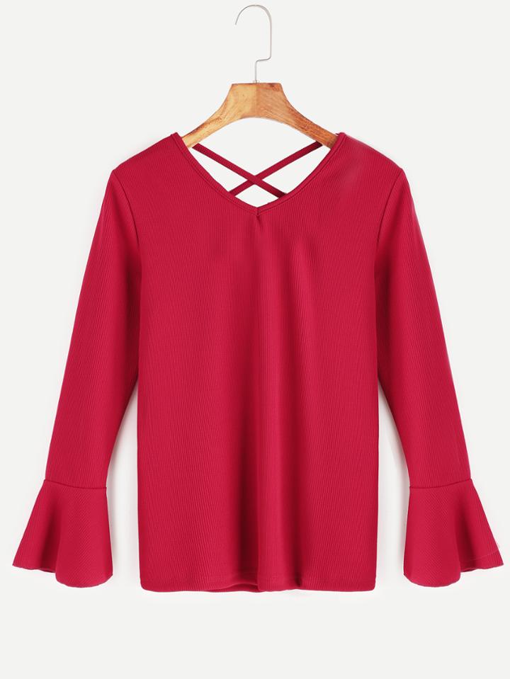 Shein Burgundy Double V Neck Bell Sleeve Lattice Back T-shirt