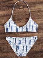 Shein White Striped Print Halter Bikini Set