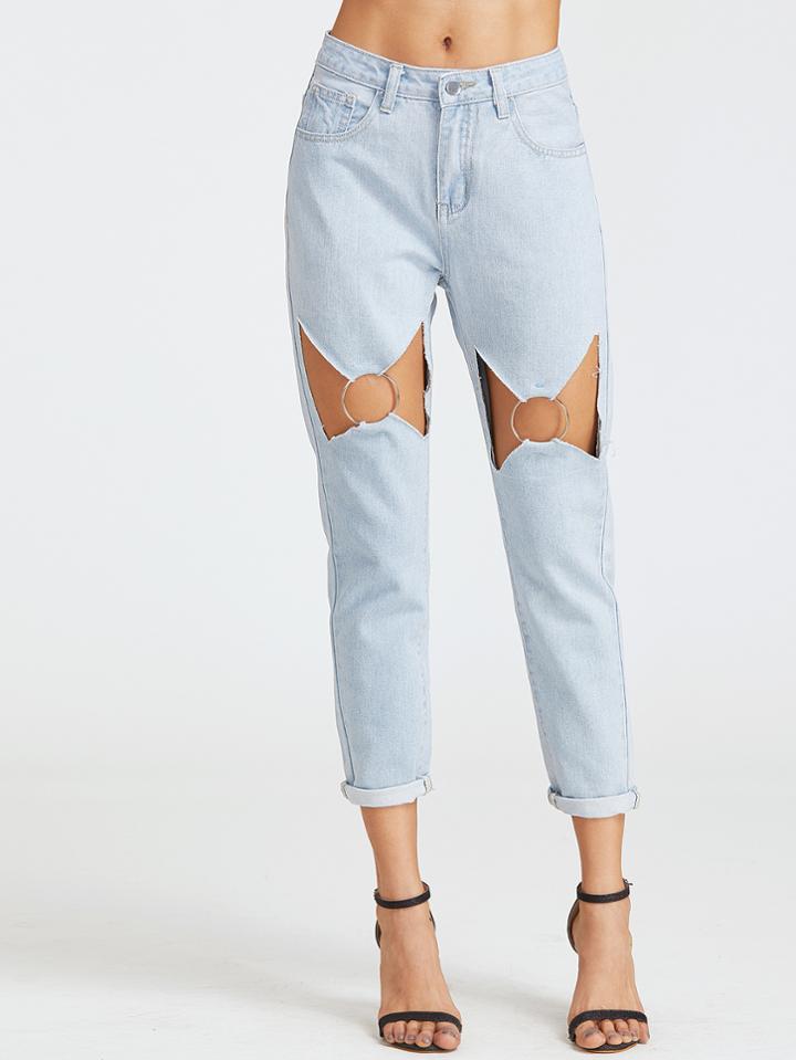 Shein Blue Bleach Wash Cutout O Ring Detail Boyfriend Jeans