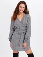 Shein Surplice Front Dolphin Hem Belted Plaid Dress