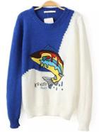 Shein Colour-block Round Neck Fish Embroidered Sweater