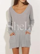 Shein Grey V Neck Pockets Casual Sweater Dress