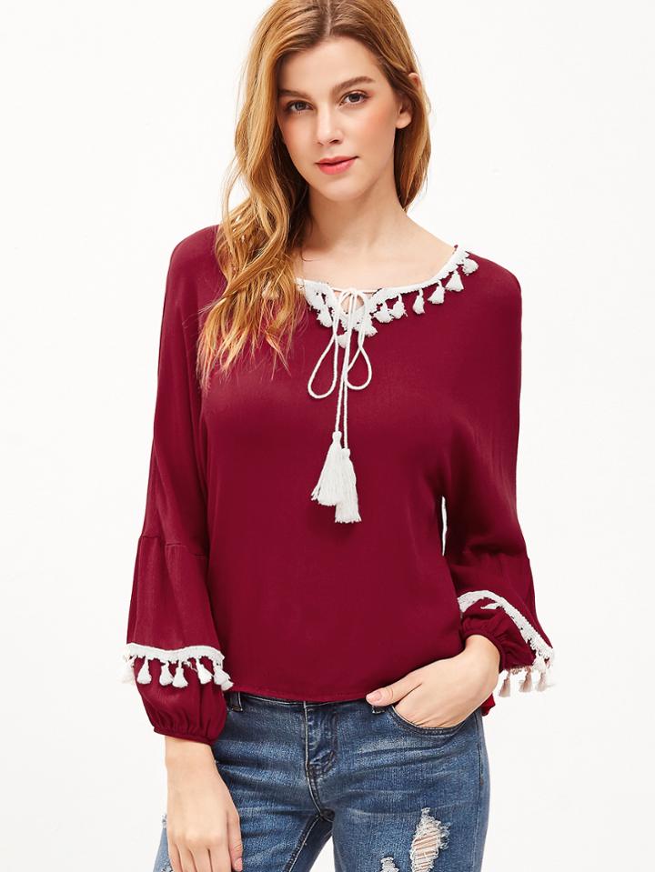 Shein Burgundy Tie Neck Fringe Trim Blouse