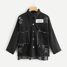 Shein Patched Letter Print Ripped Denim Jacket
