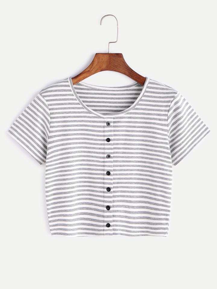 Shein Contrast Striped Crop T-shirt With Buttons