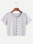 Shein Contrast Striped Crop T-shirt With Buttons