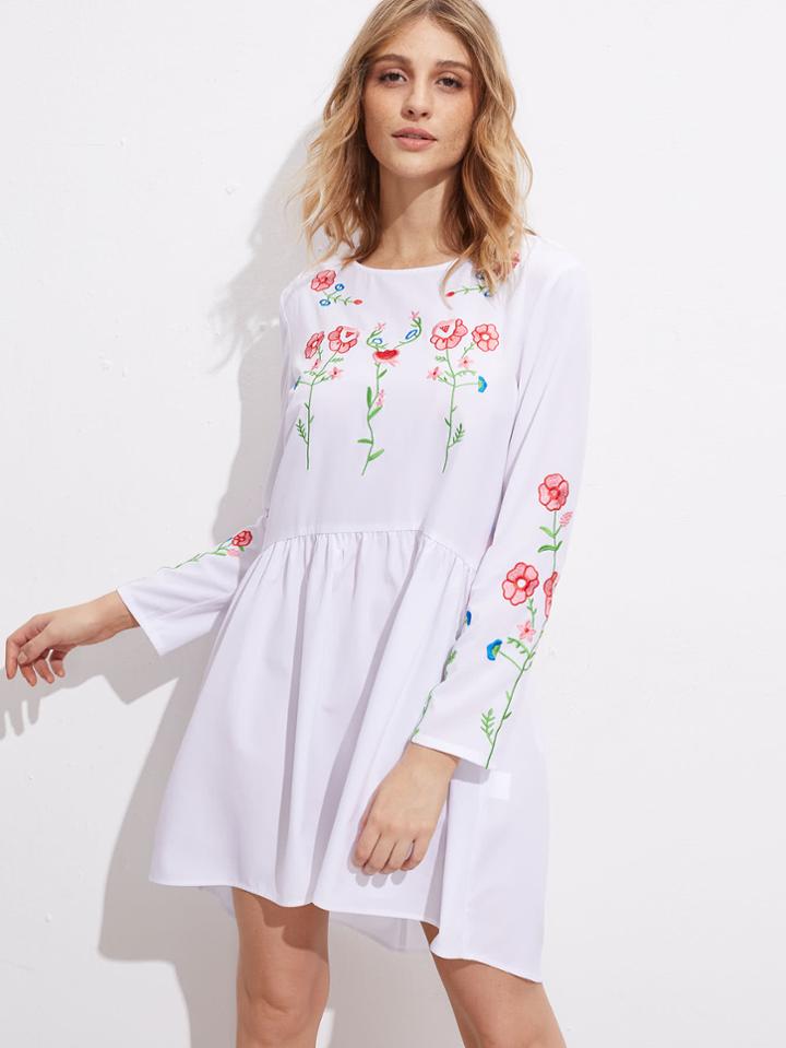 Shein Buttoned Keyhole Back Botanical Embroidered Smock Dress