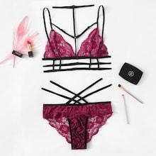 Shein Scalloped Trim Harness Floral Lace Lingerie Set With Choker
