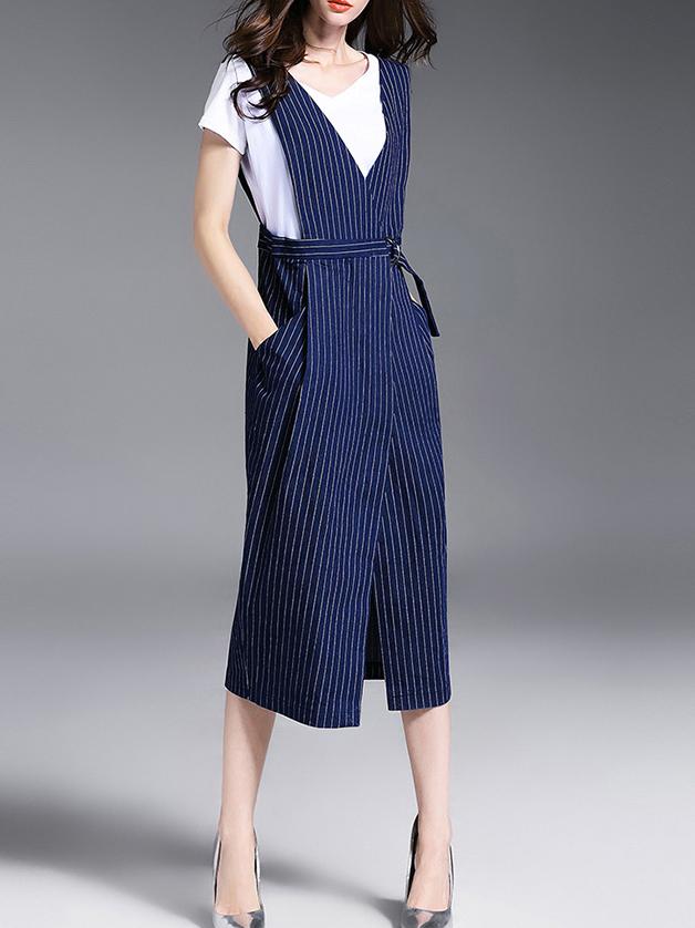 Shein Navy V Neck Backless Pockets Belted Striped Split Dress