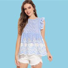 Shein Ruffle Trim Eyelet Embroidered Striped Top