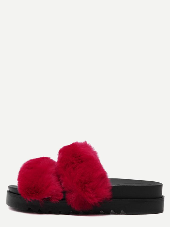 Shein Red Rabbit Hair Peep Toe Flatform Slippers