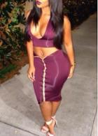 Rosewe V Neck Crop Top And Purple Zipper Skirt