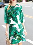 Shein Green Leaves Print Bees Sequined Top With Skirt
