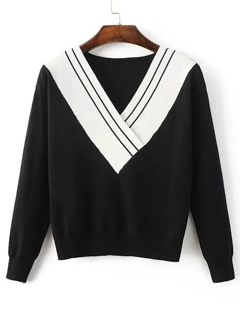 Shein Black Contrast V Neck Knit Sweater