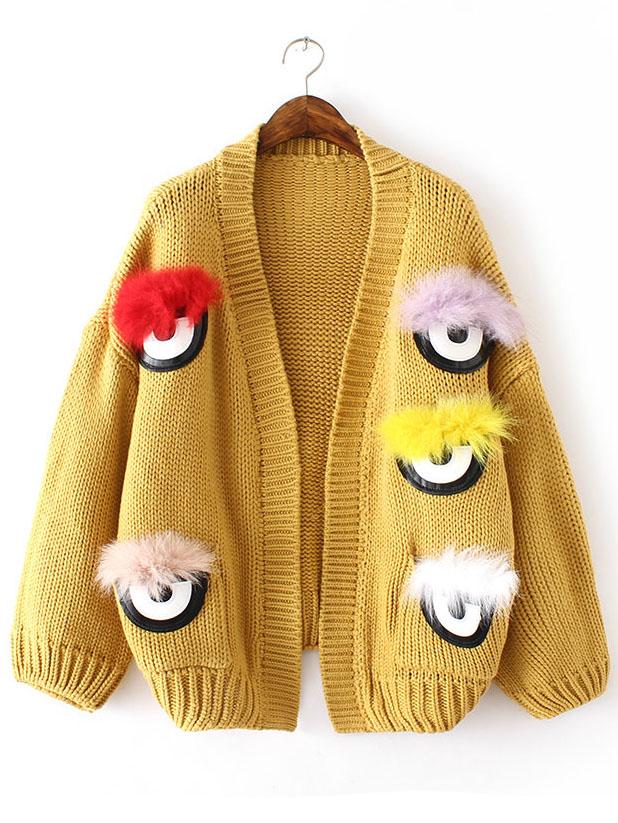 Shein Yellow Feather Eye Embellished Sweater Coat