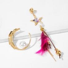 Shein Star & Feather Mismatched Drop Earrings
