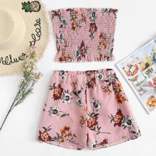 Shein Frill Trim Shirred Floral Bandeau Top With Shorts