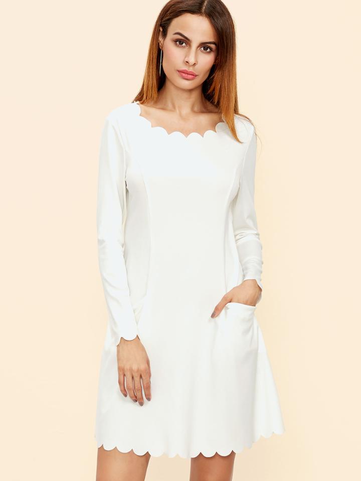 Shein White Scallop Trim Pocket Front A Line Dress